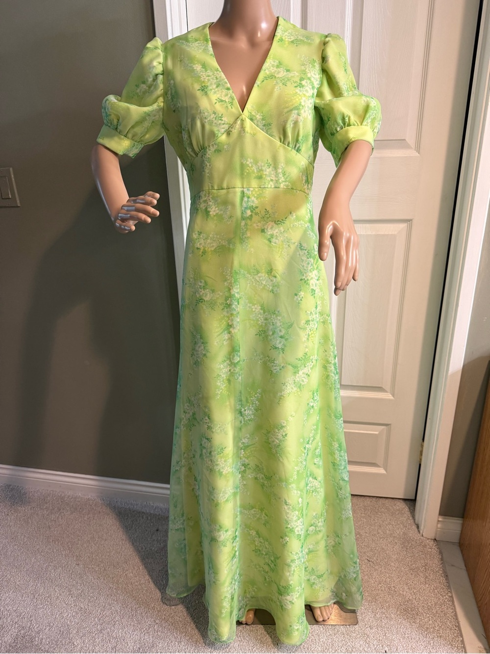 Vintage 60s 70s Handmade Maxi Dress Chiffon Overlay Size M Green Yellow Romantic